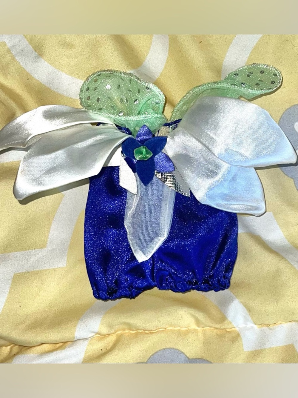 Vintage Doll Fairy-Themed Floral Outfit 4” Blue W/ White Petals & Green Wings